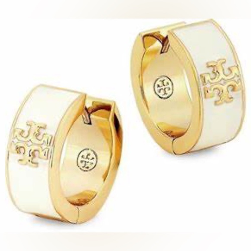 NWOT Tory Burch Cream and Gold Kira Enamel Huggie Hoop Earrings